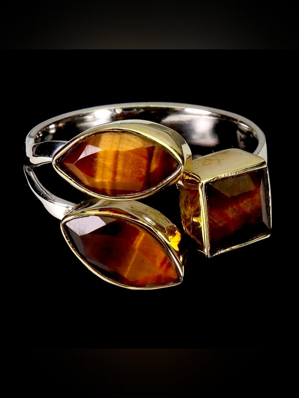 925 Sterling Silver 14K White/Yellow Gold Plated Ring 7 with Natural Tiger Eye